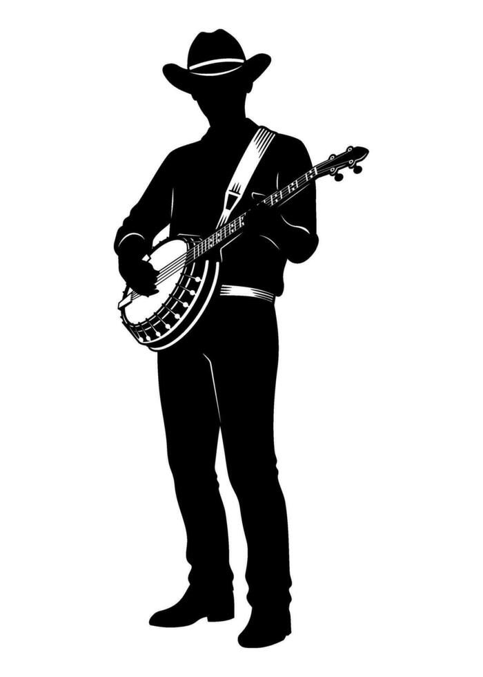 Silhouette of man playing on a banjo. Vector clipart isolated on white.