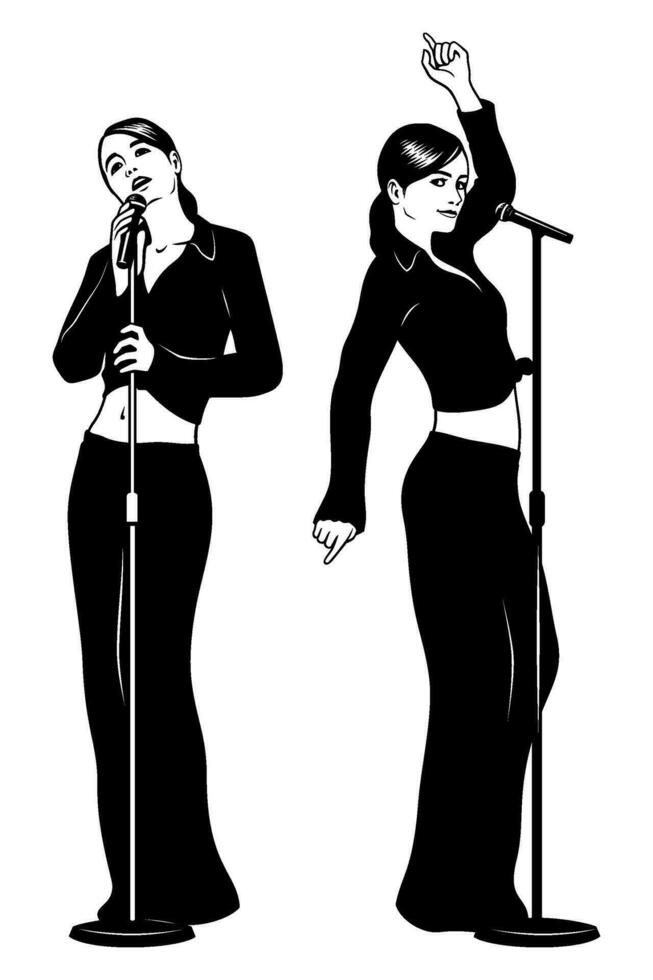 Silhouette of a singers women duet. Vector clipart isolated on white.
