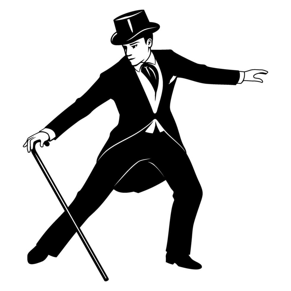 silueta de retro bailarín. hombre en frac y parte superior sombrero con caña baile. vector clipart aislado en blanco.