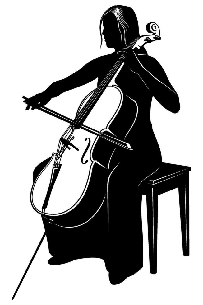 Silhouette of woman playing on a cello. Vector clipart isolated on white.