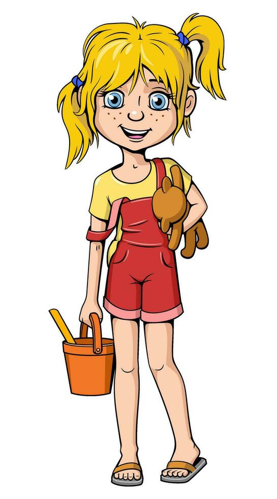 Little Girl with Toys After Playground. Cartoon Character. Vector drawing.