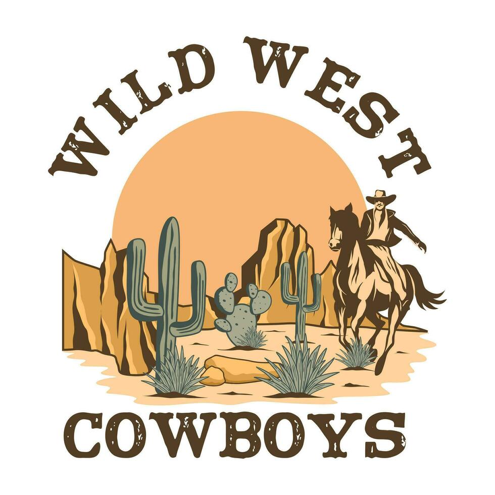 Retro Western Adventure T shirt Design. Wild West Cowboys. Vintage Riding on Nature Illustration Logo Badge vector