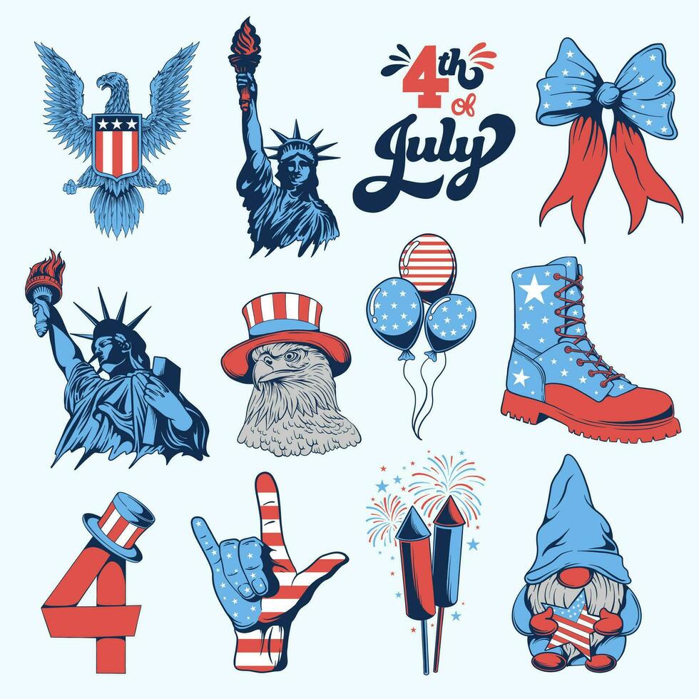 Patriotic Independence Day 4th of July Clipart Bundle, Set of 4th of July Logo Symbols Elements Isolated, Independence Day Stickers Pack vector