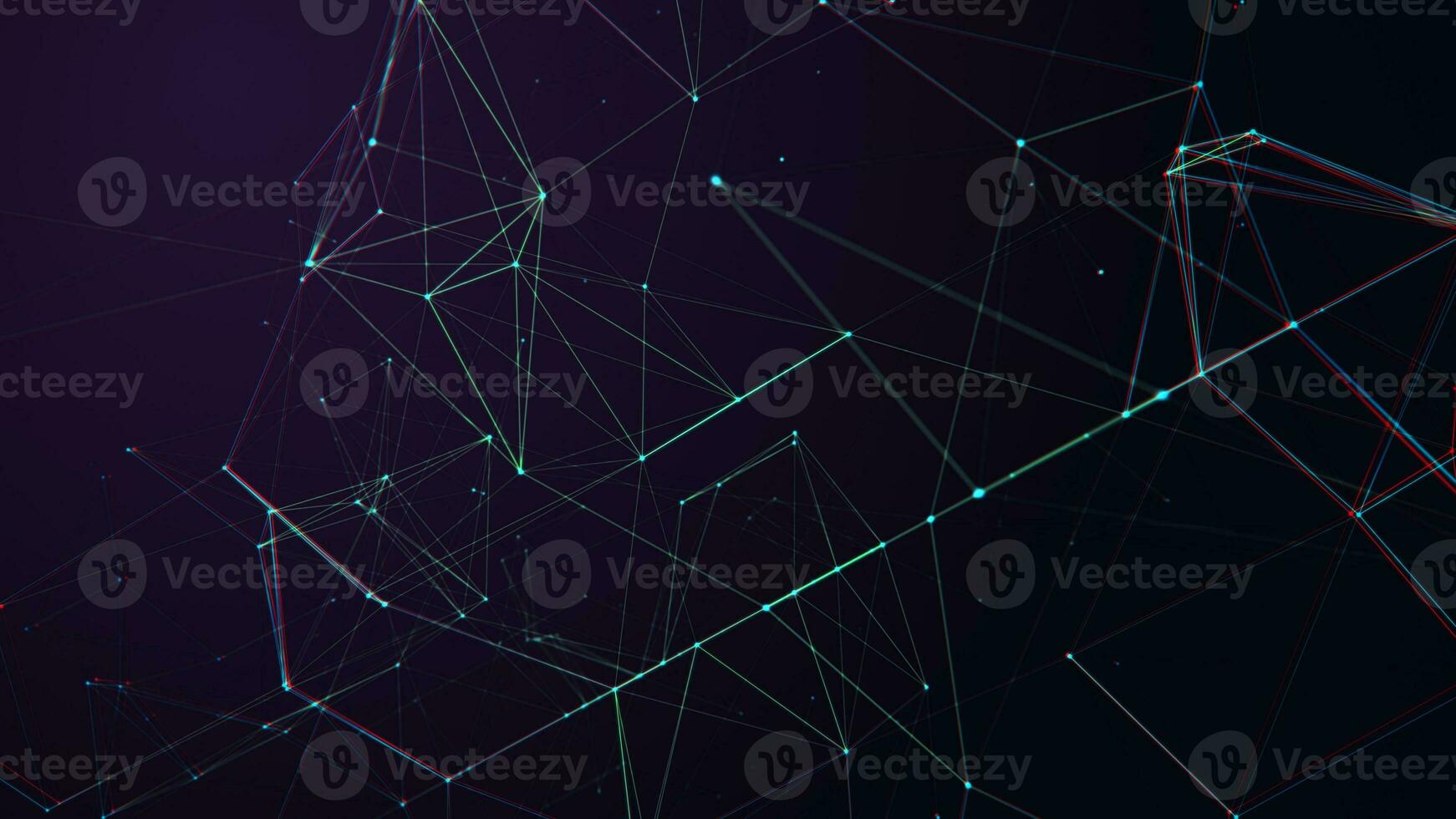 The concept of a network connection with a glitch effect. Technological purple background with lines and dots. Big data. 3d rendering photo