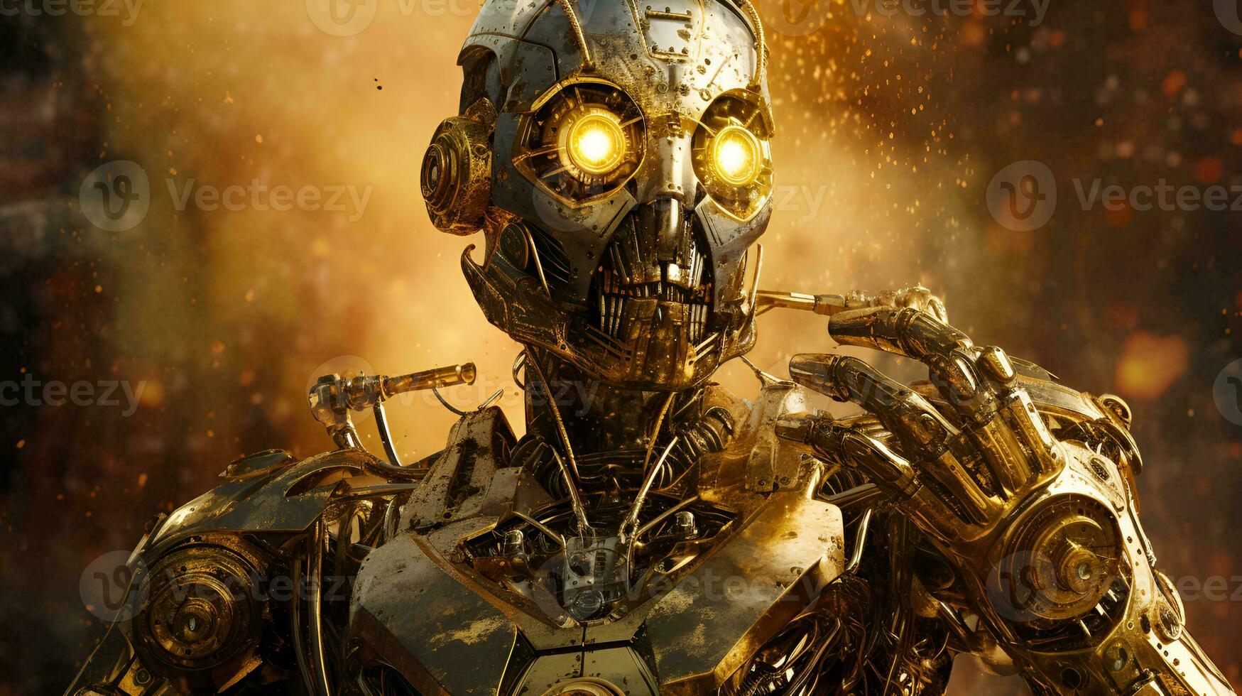 Shining steampunk robot portrait in cinematic style photo