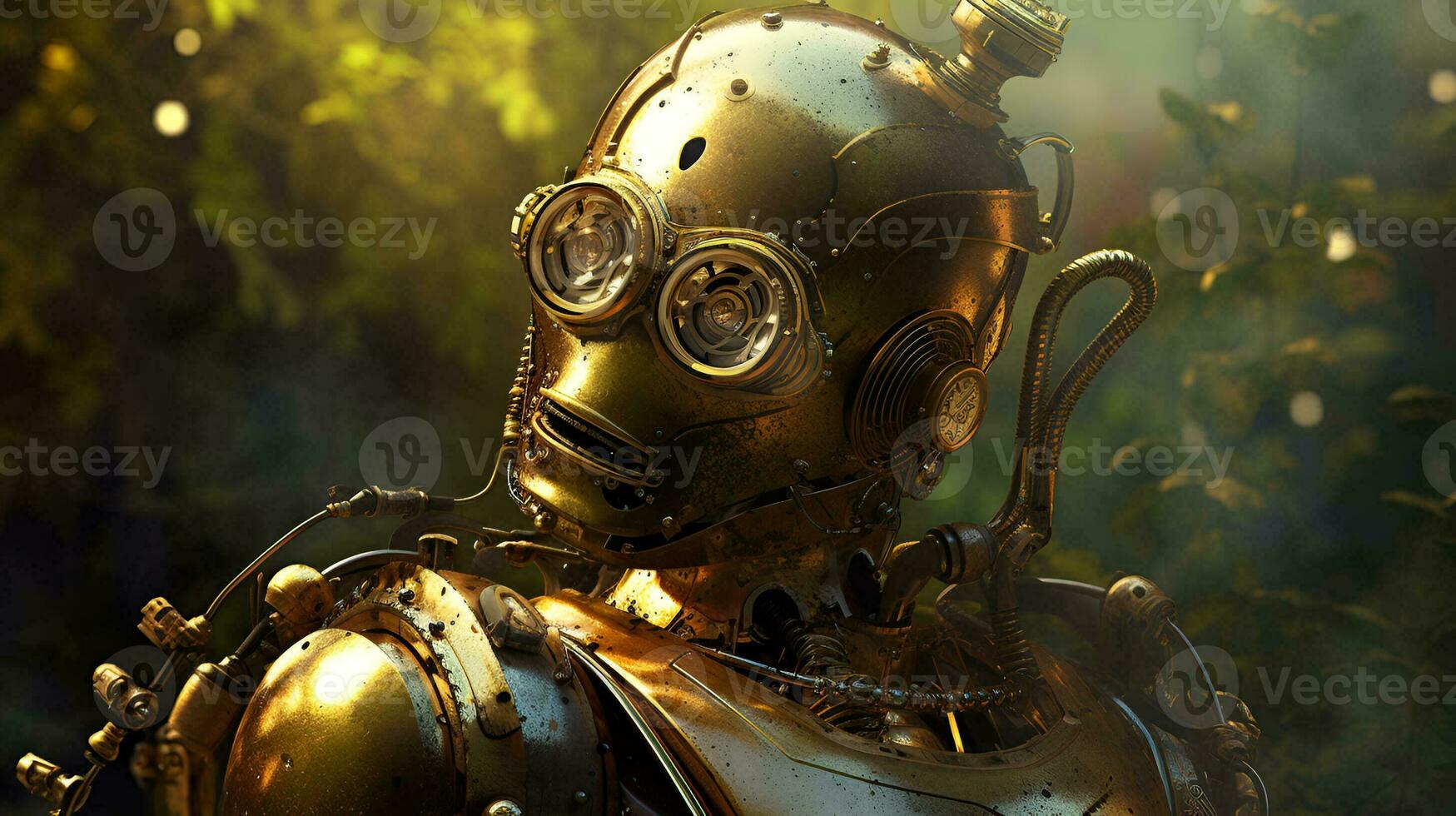 Shining steampunk robot portrait in cinematic style photo