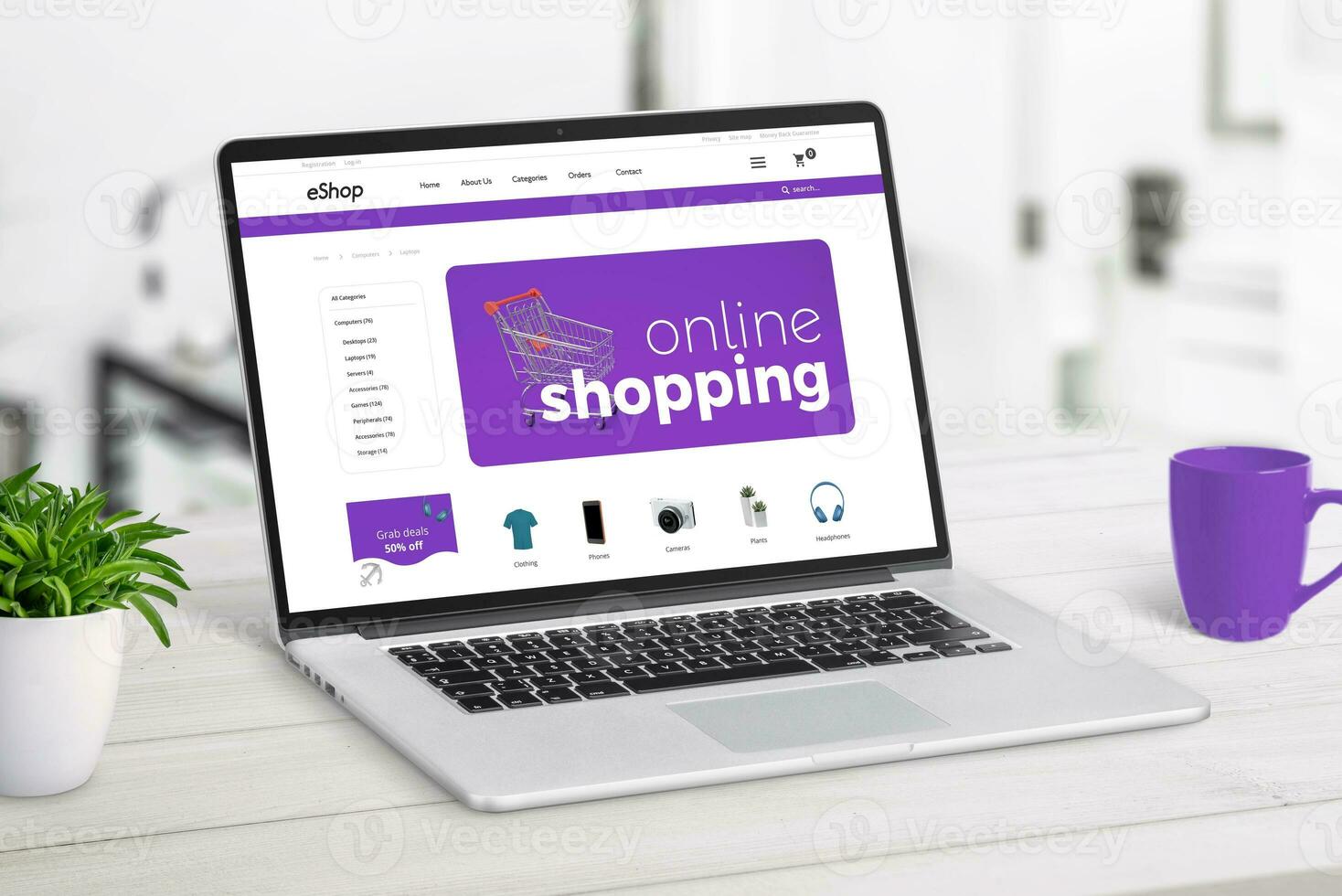 Online shop on laptop screen concept. Modern ecommerce page with products and shopping cart photo