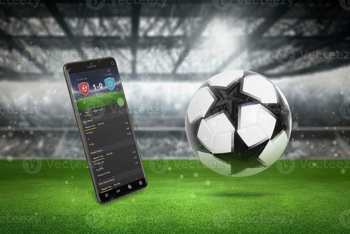 Live score app on smart phone on football field