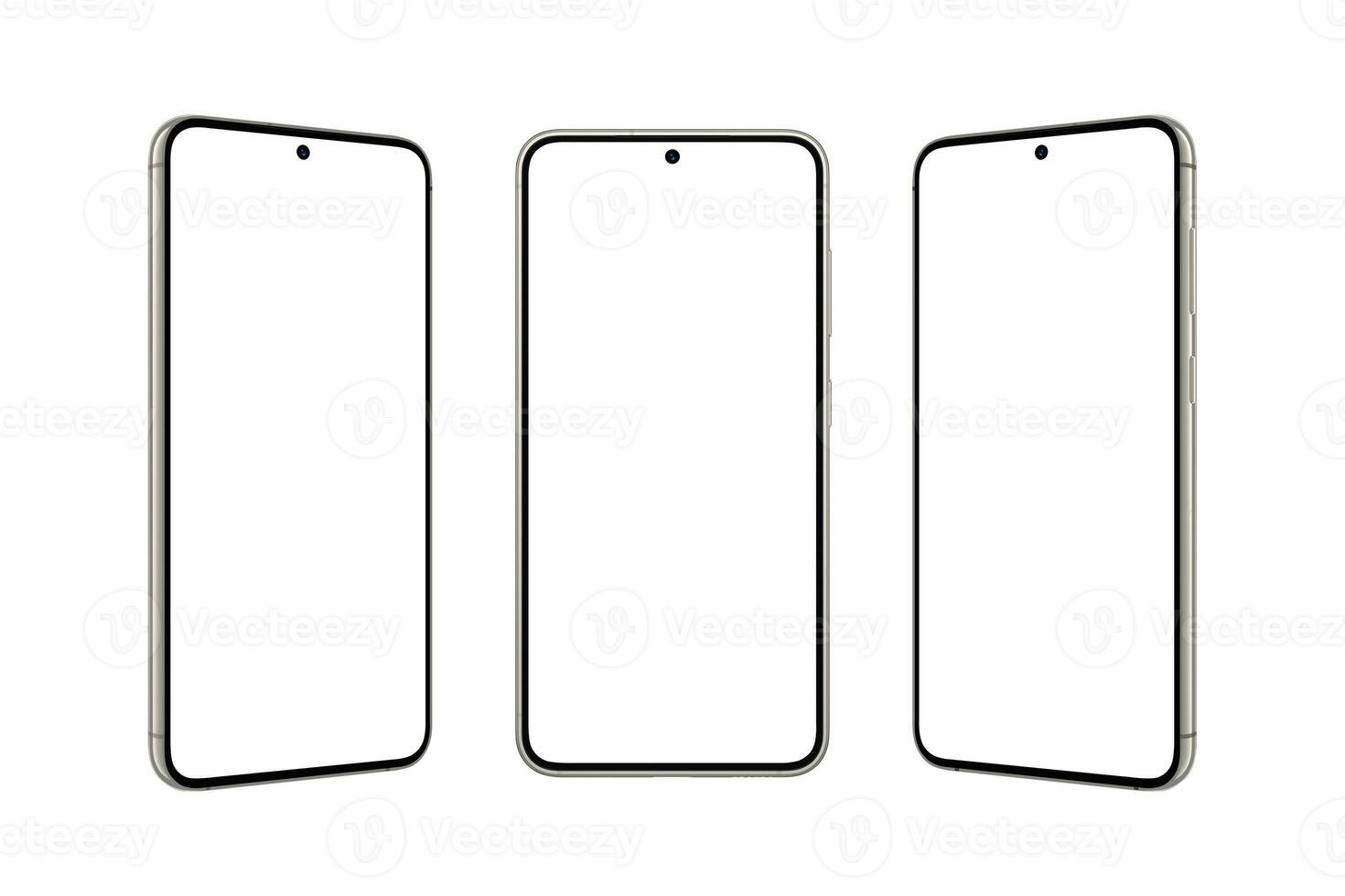 Small rounded phone with a small built-in camera in the display. Isolated screen and background for mockup, app presentation. Front, left and right position photo