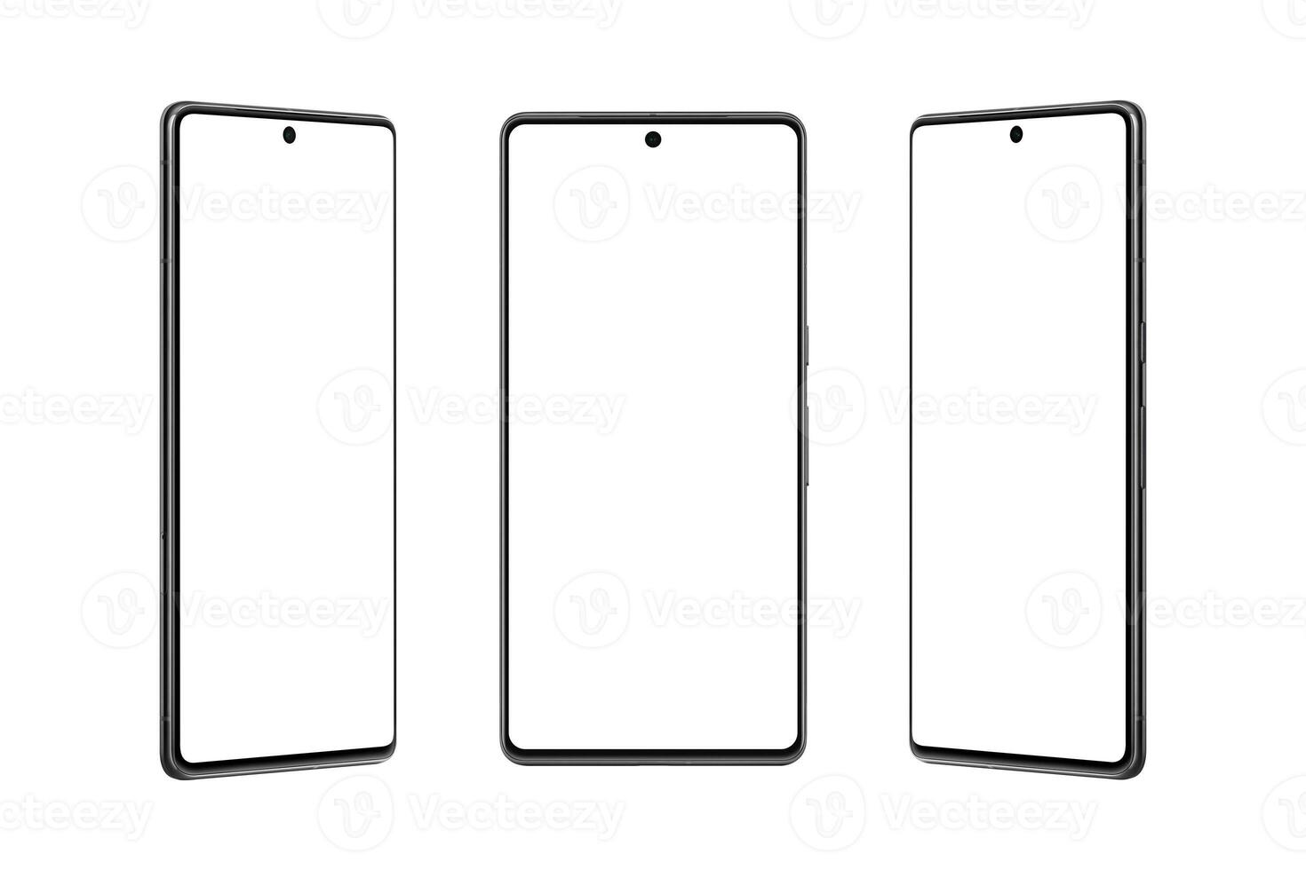 Isolated smartphone presented from the left, right and front side, emphasizing its slim profile and curved edges. Isolated screen for e-commerce platforms, app developers, and advertisers showcase photo