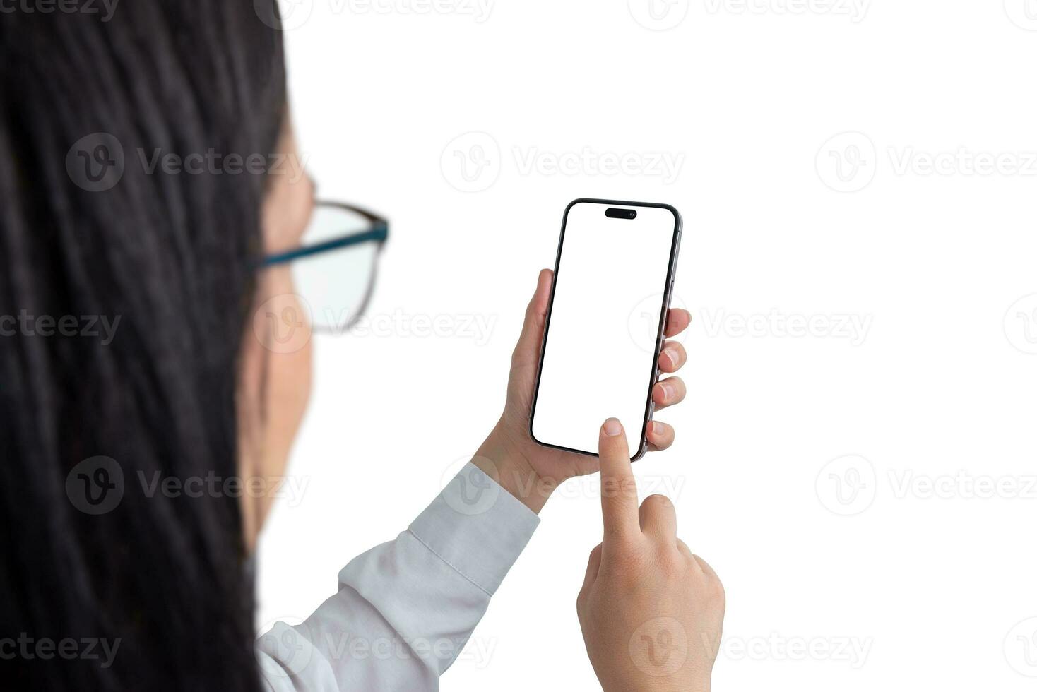 Woman holding smartphone with isolated screen. Above shoulder view. App presentation mockup photo