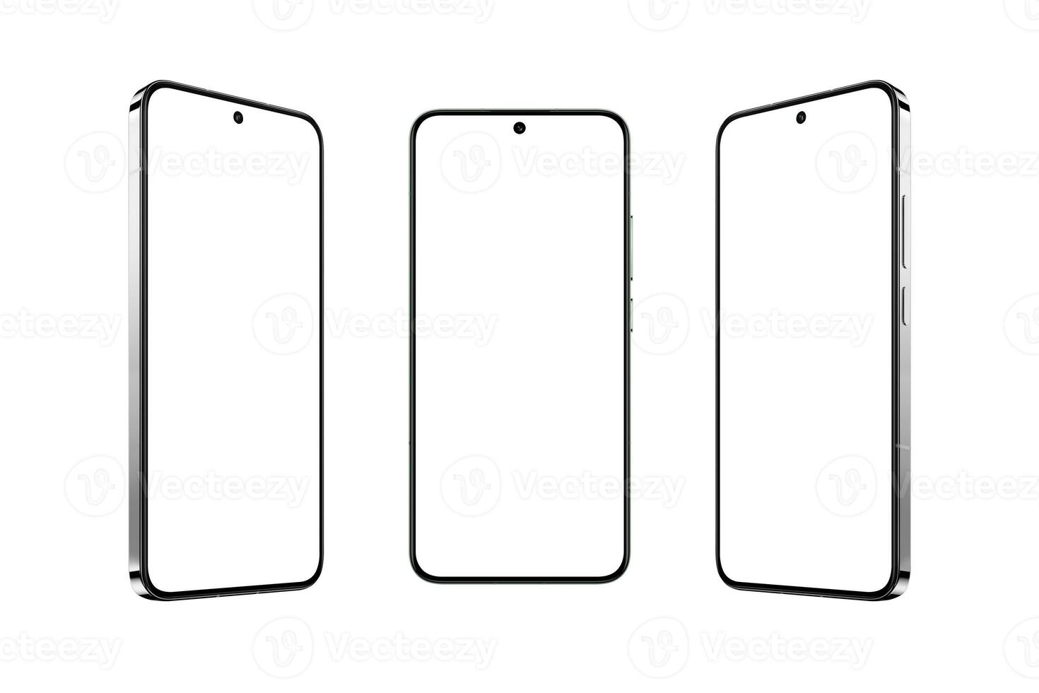 Premium smartphone with isolated display in three positions. Showcasing digital content, mobile apps, websites, and online shopping. Perfect for marketing cutting-edge solutions photo