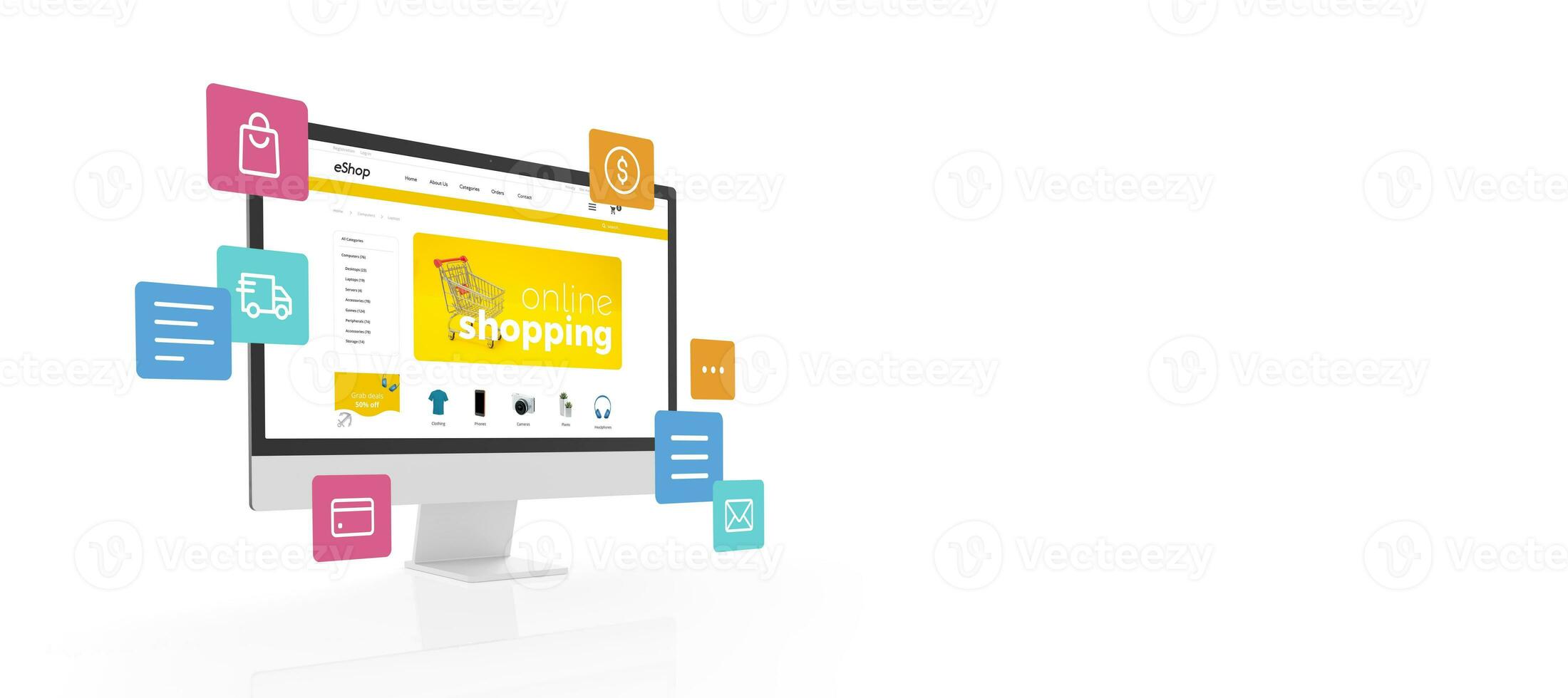 Computer display with shopping online text on ecommerce web page concept. Flying shopping icons and copy space beside. Isolated in photo