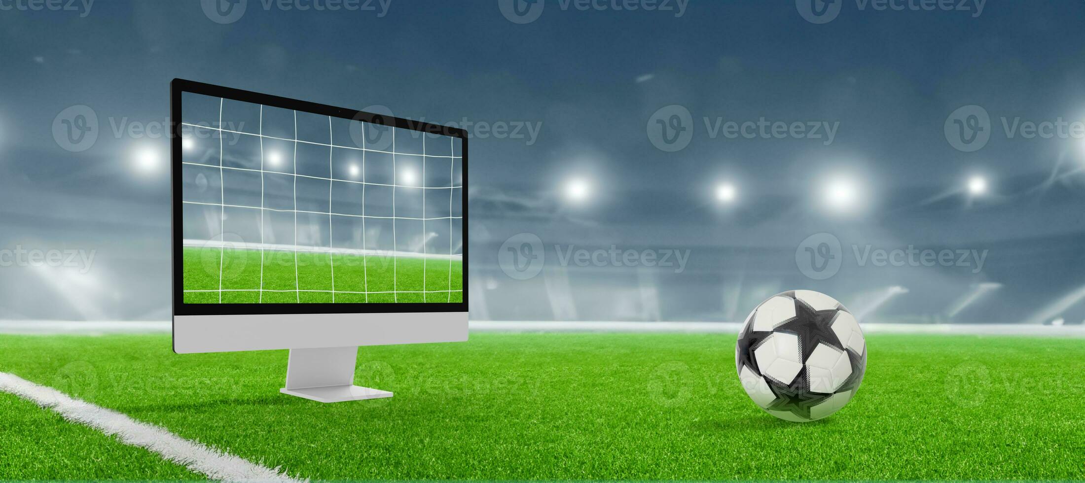 Computer display goal net  concept. Football stadium in background. Soccer ball on the grass photo