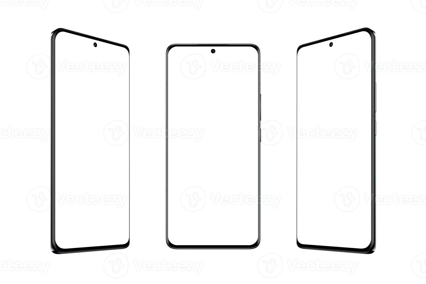 Modern smart phone with thin and round edges with isolated screen and background. Showcase in three position. Screen mockup for app presentation photo