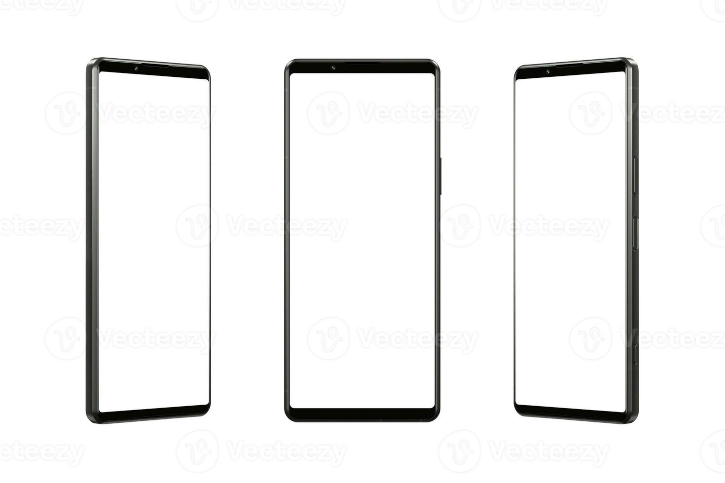 Large black smartphone with isolated in white, blank display in three positions. Clean white background for effective marketing of digital offerings photo