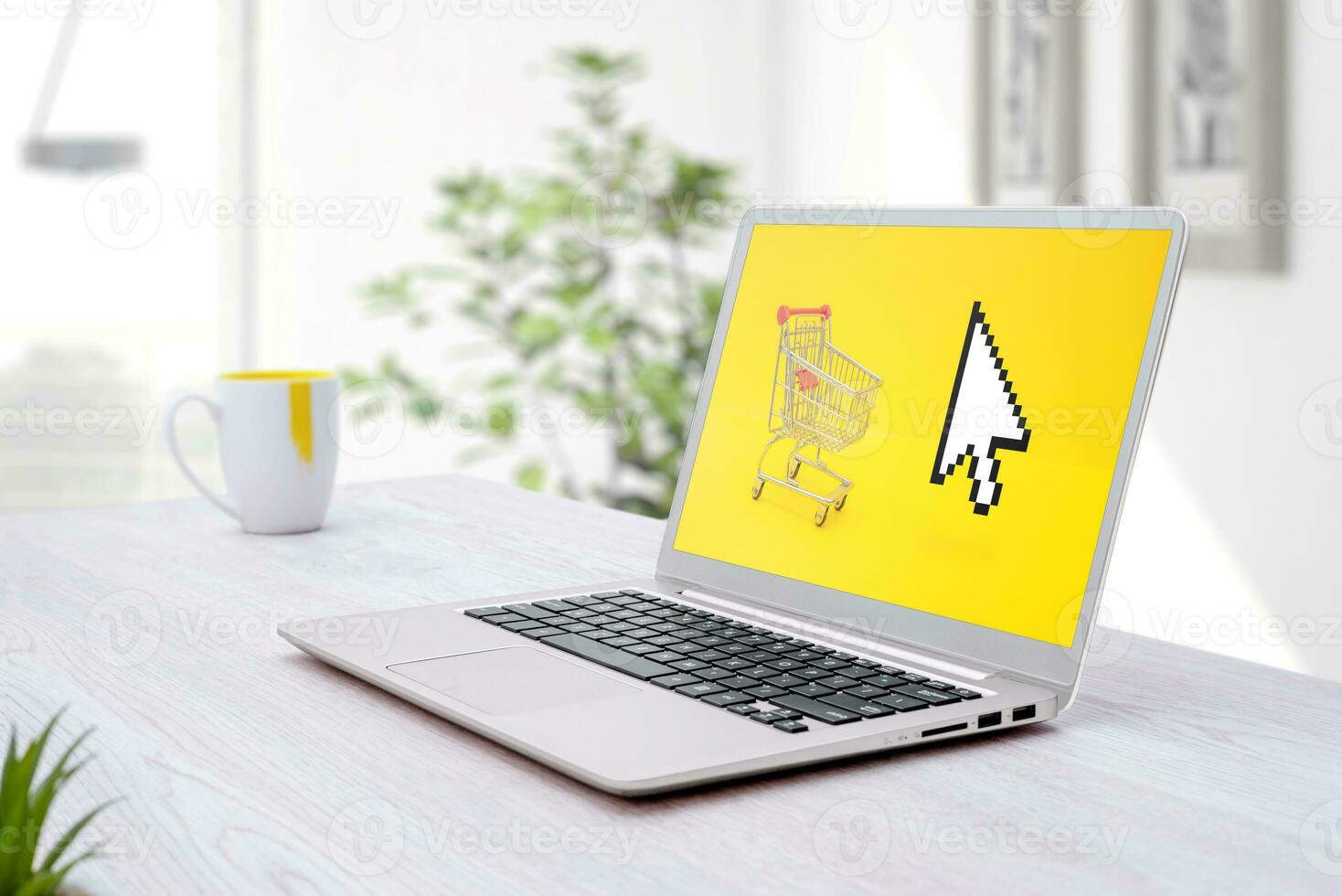 Laptop with shopping card and mouse cursor on laptop screen. Online ecommerce shoping concept photo