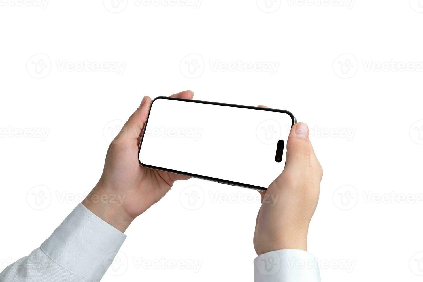 Modern smartphone with built in camera in woman hand. Horizontal position close-up. Isolated screen and background for mockup. Hands with white shirt, business concept photo
