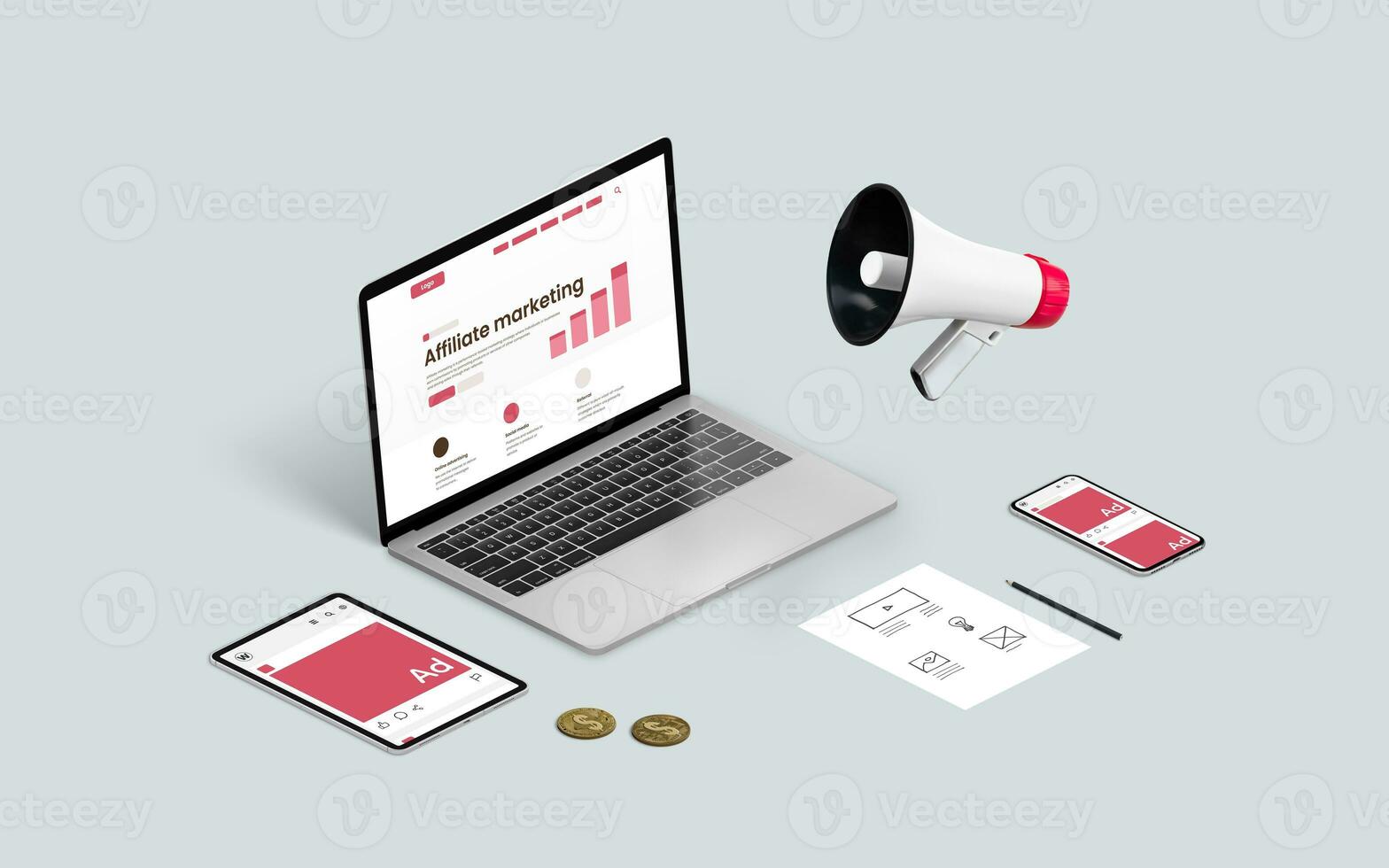 Affiliate marketing concept with web page on laptop display, social network ads on tablet and phone and megaphone symbolizing marketing photo