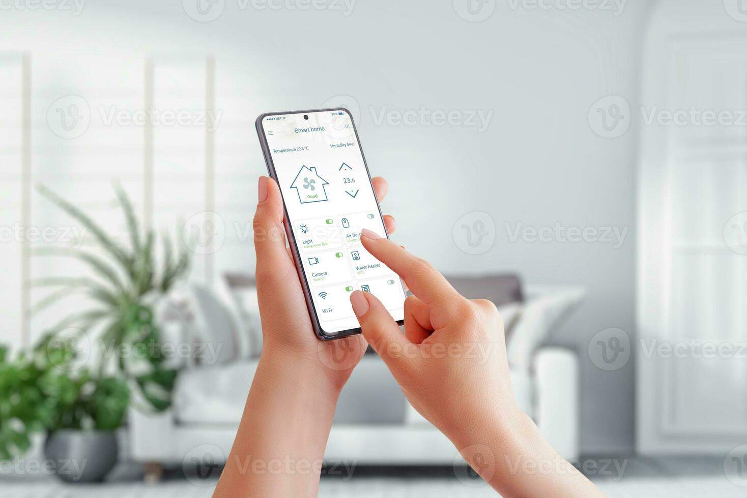 Smart home management with a mobile phone in a woman's hand, seamlessly connecting to a smart home app while surrounded by the comfort of a stylish living room photo