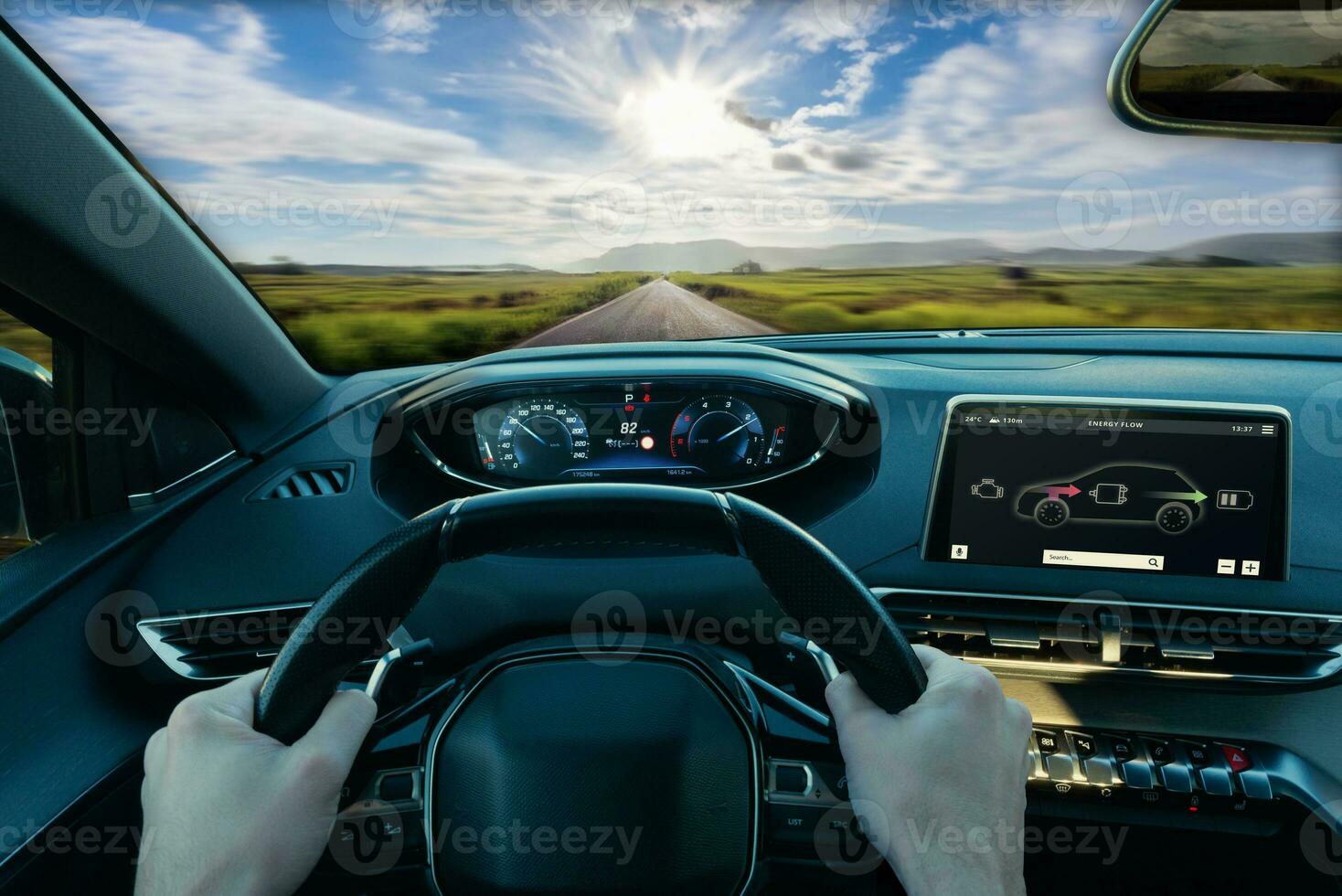 First person view of driving an electric or hybrid car, embracing eco-friendly, sustainable transportation with clean energy and a futuristic automotive experience photo