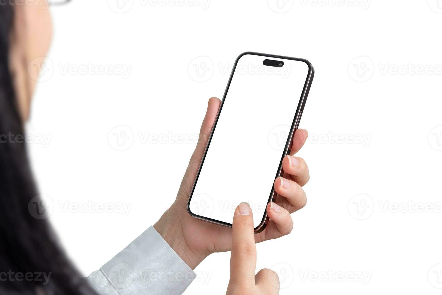 Woman use app on smartphone with isolated screen for effective app presentations. Isolated screen and background photo