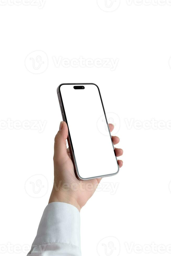 Hand with white shirt holding modern mobile phone with camera built in display. Isolated screen and background for mockup, app presentation. Close -up photo