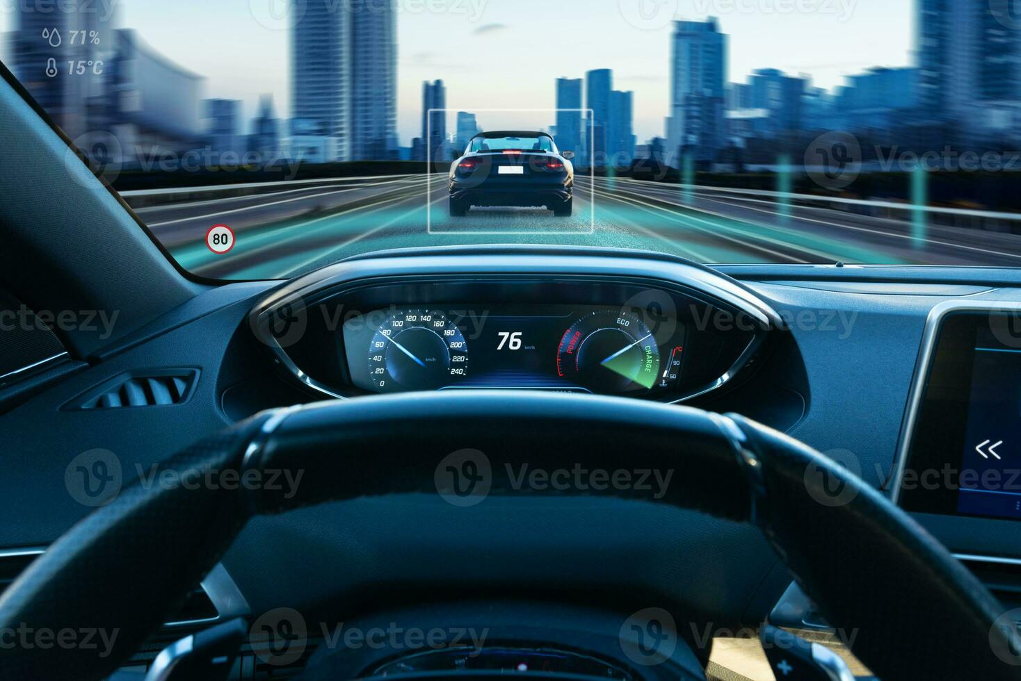 Urban autonomous driving scene from diver's perspective, showcasing autonomous driving graphic, car, city street and buildings photo