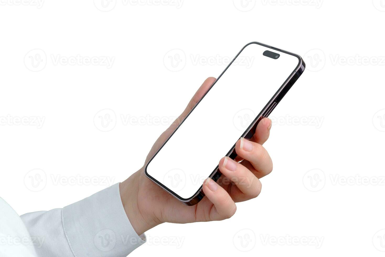 Hand holding smartphone with white isolated screen for app presentation and mockup, showcasing modern design. Close-up photo