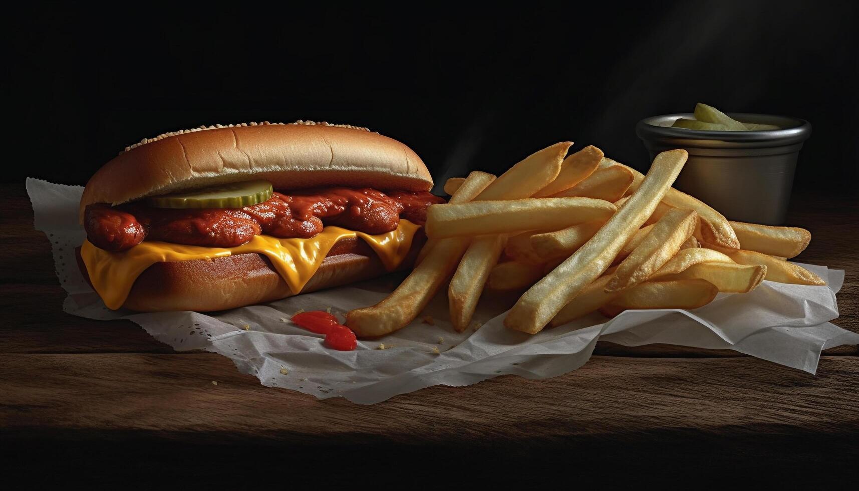Grilled beef burger and fries, a classic American fast food meal generated by AI photo