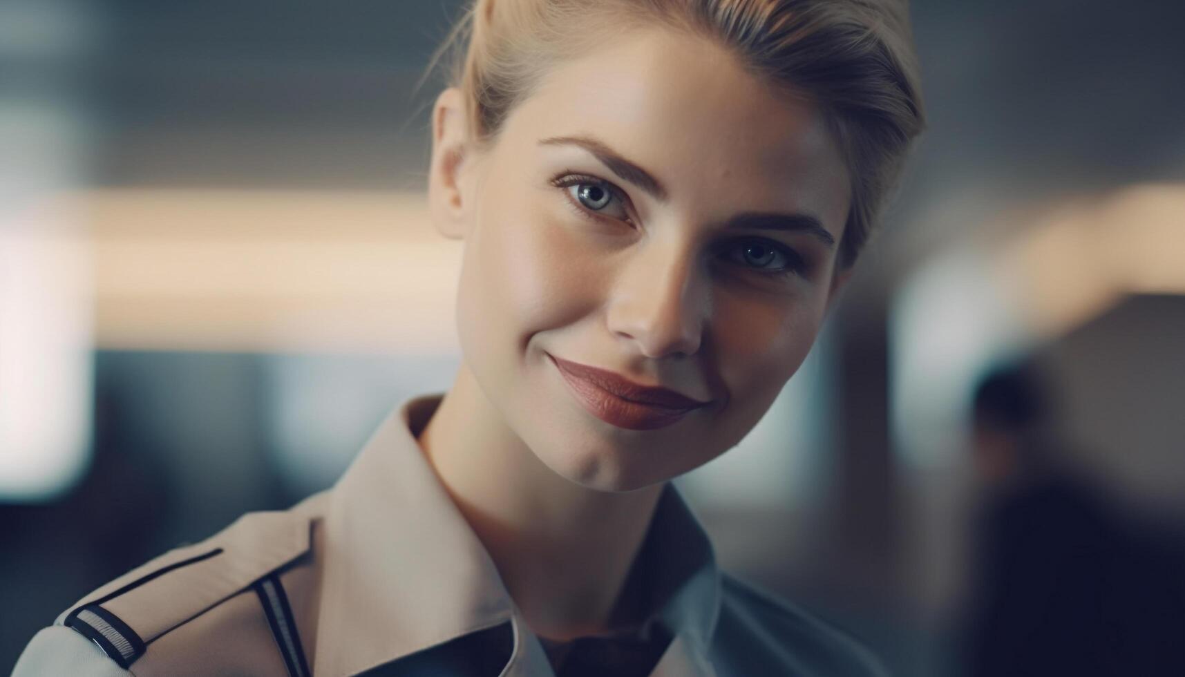 Confident young businesswoman standing in modern office, smiling at camera generated by AI photo
