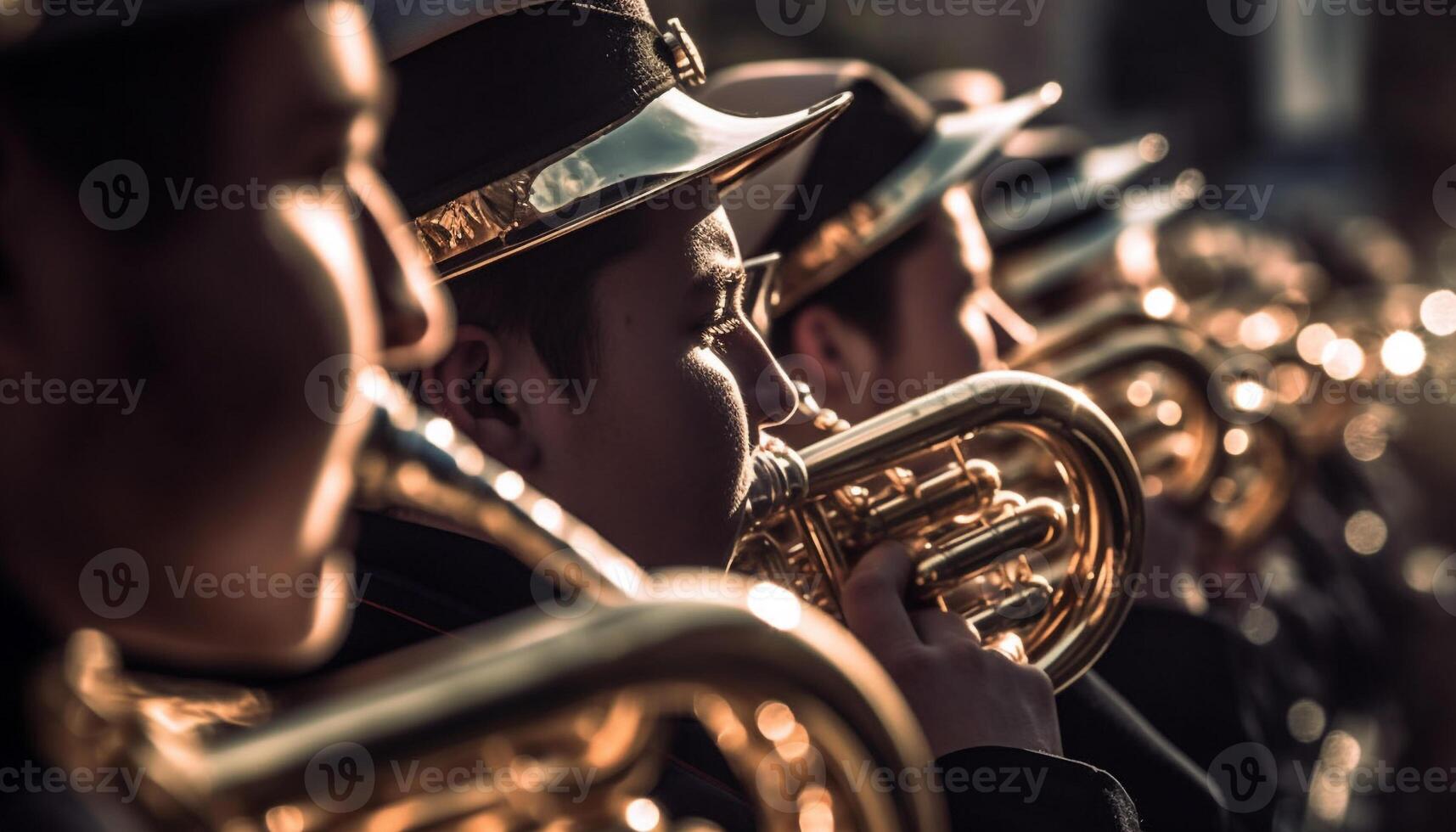 Brass band musicians playing wind instruments outdoors generated by AI photo