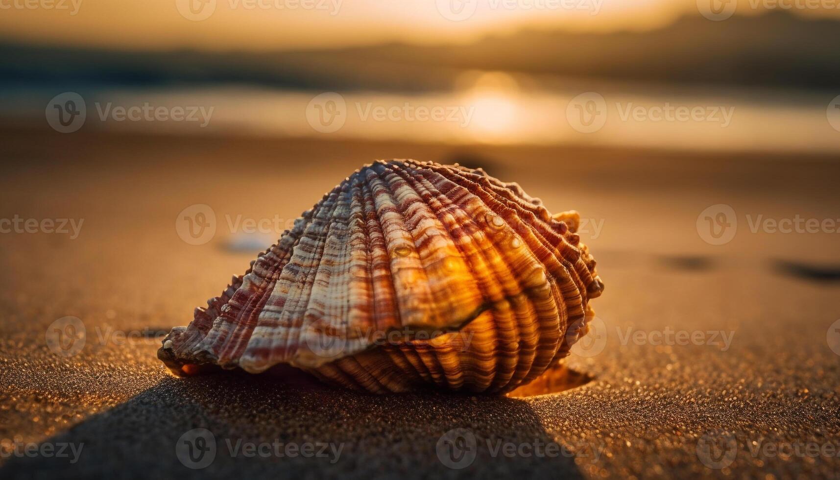 Seashell collection shines in golden sunlight at dusk generated by AI photo