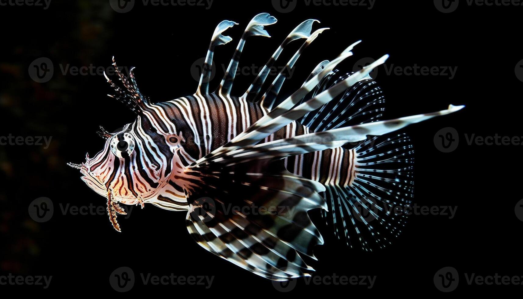 Striped lionfish swims in colorful coral reef generated by AI photo