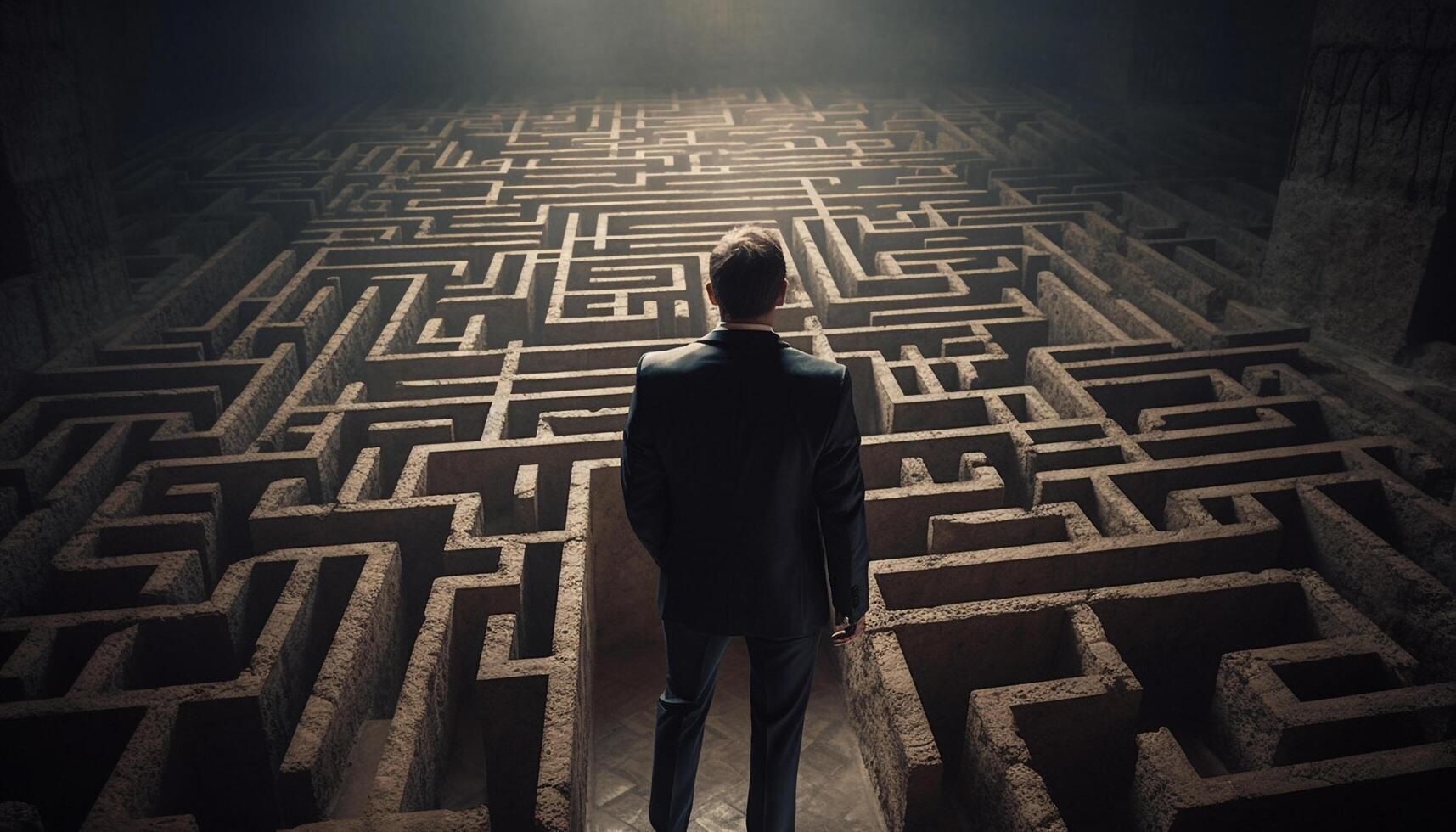 Lost businessman conquers maze, finds success outdoors generated by AI photo