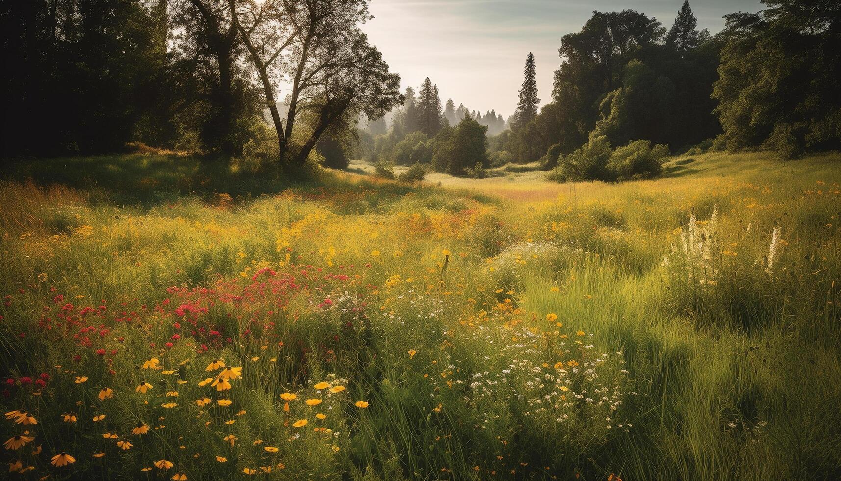 vibrante flores silvestres floración en inculto prado generado por ai foto