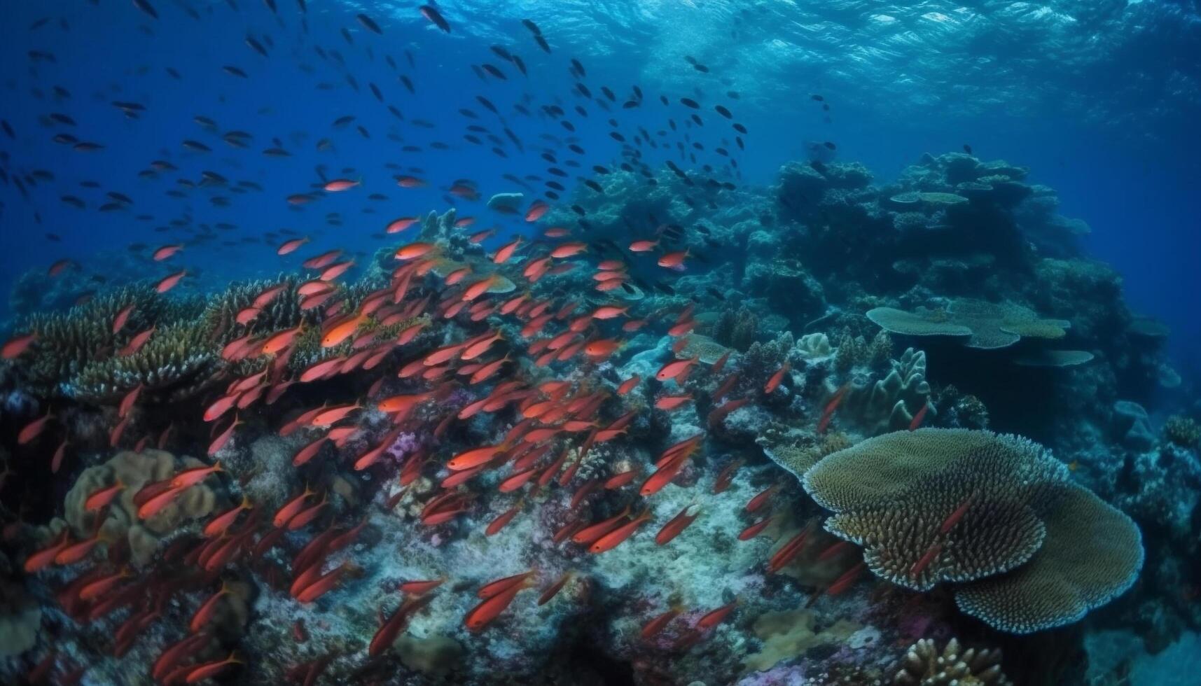 Multi colored school of fish swim in reef generated by AI photo