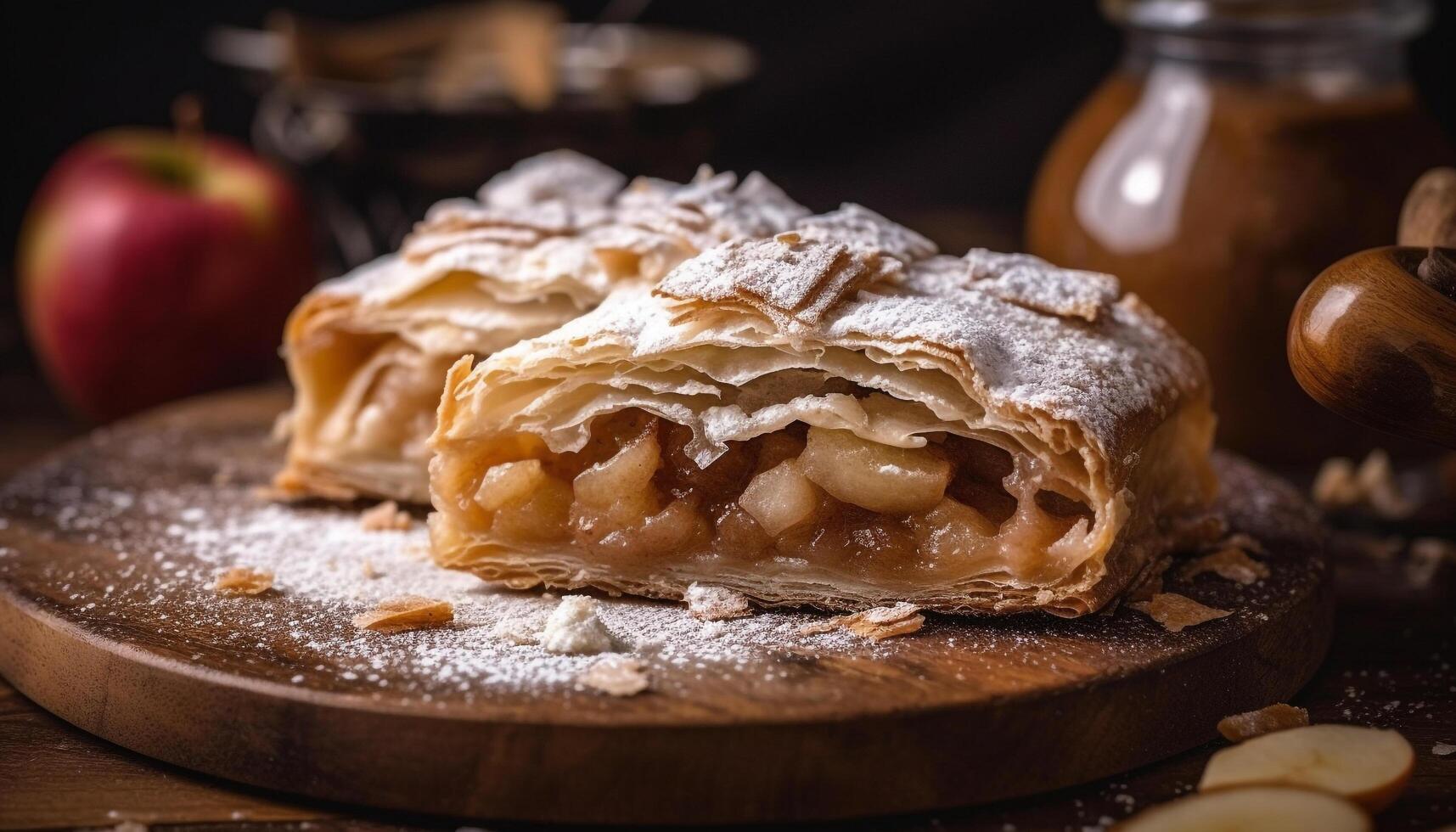 Freshly baked apple strudel on rustic wood table generated by AI photo