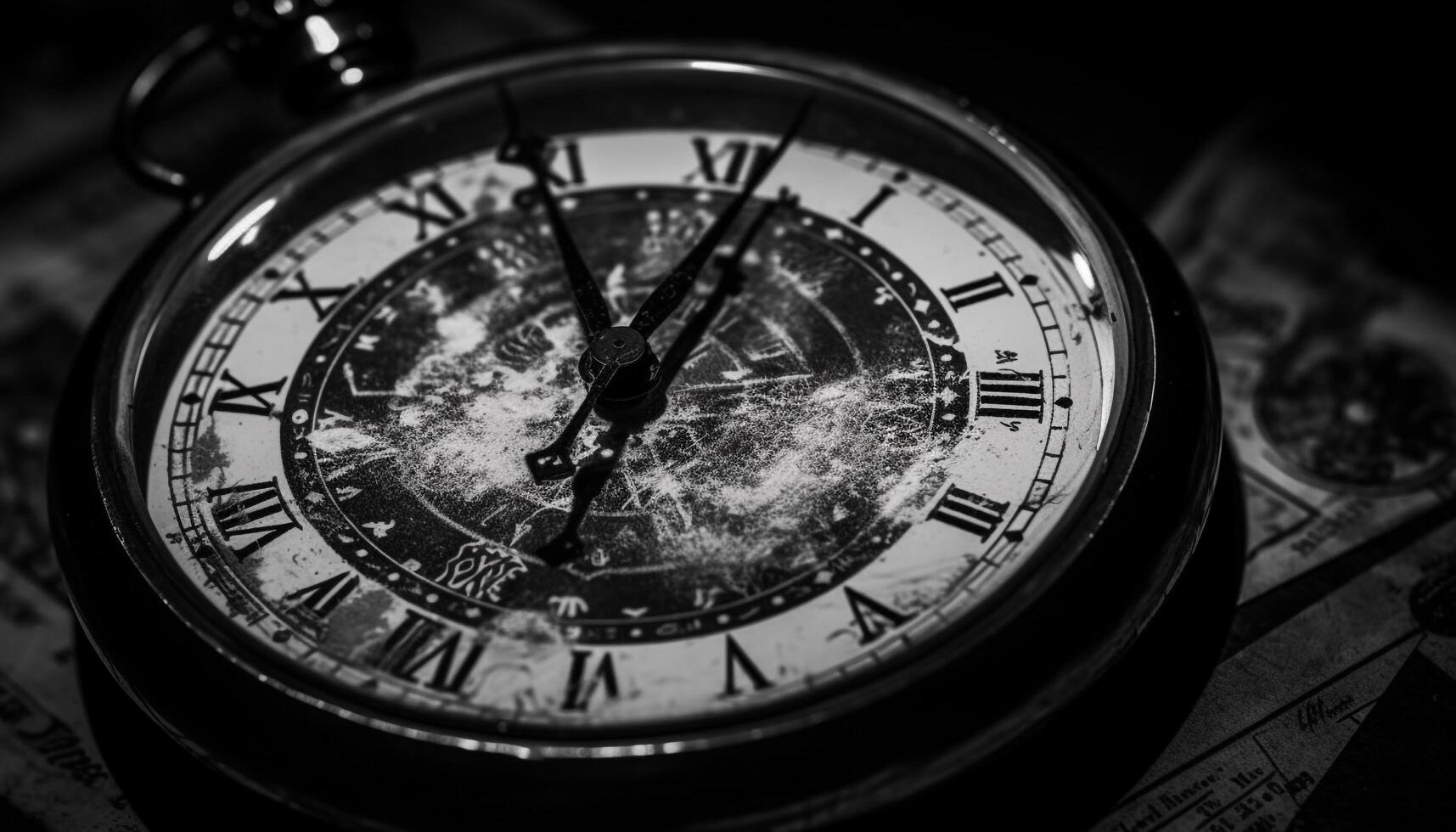 Antique clock face, black and white still life generated by AI photo