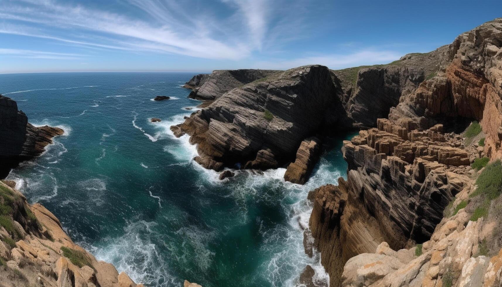 Majestic coastline, eroded rock, crashing waves, beauty generated by AI photo