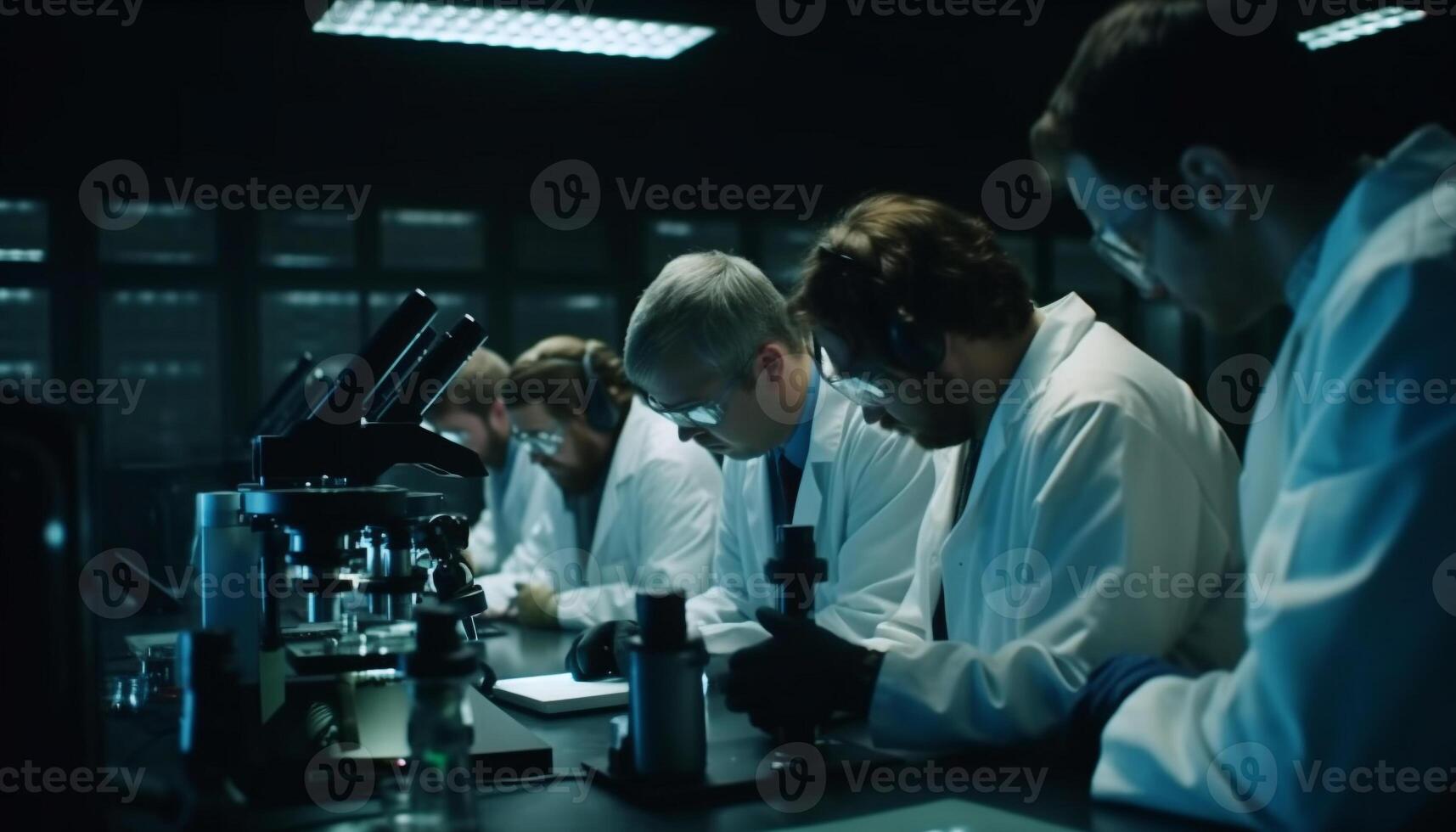 Caucasian scientists analyzing chemical compounds in laboratory generated by AI photo