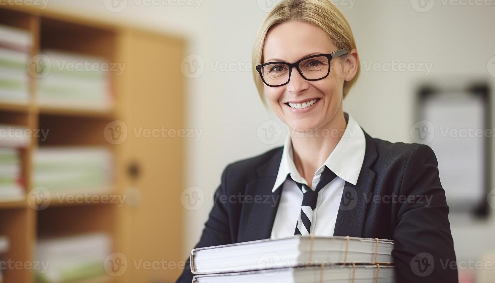 One businesswoman smiling, holding book, looking confident generated by AI photo