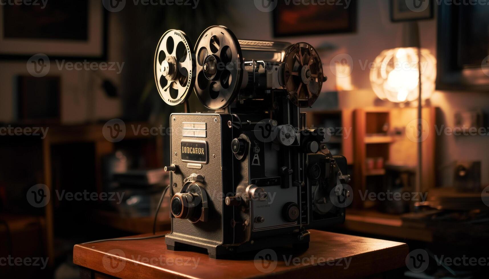 Antique camera lens on wooden table indoors generated by AI photo