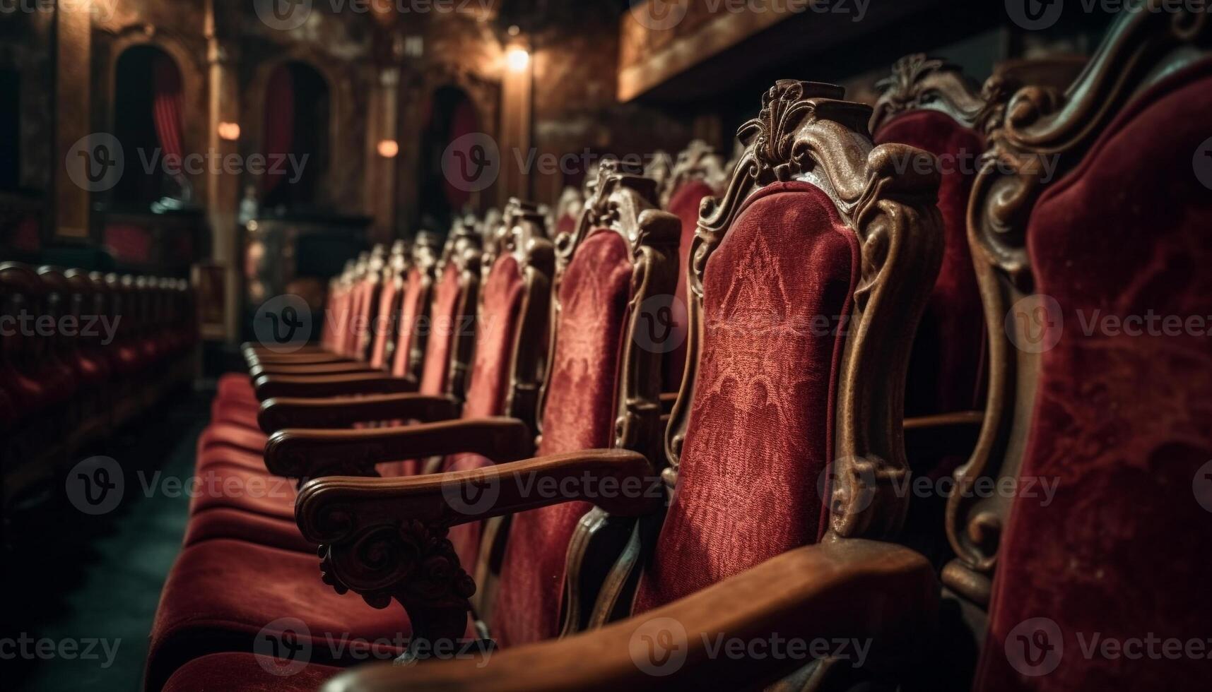 Comfortable velvet armchairs in a row, empty auditorium generated by AI photo