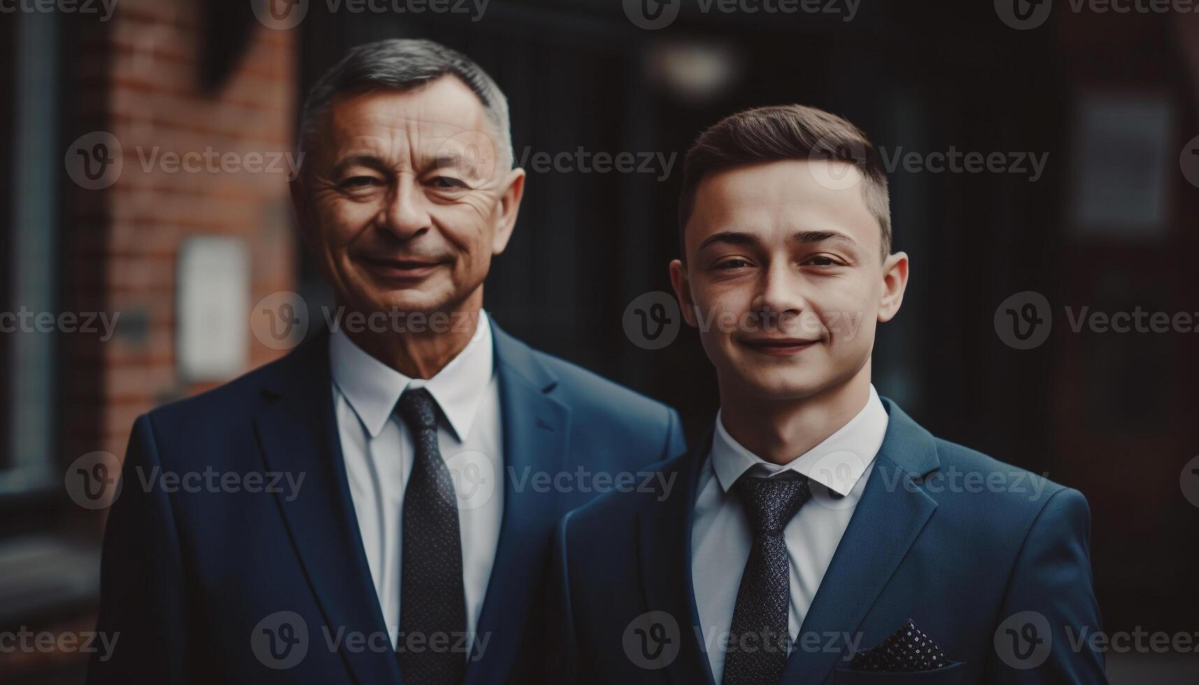 Two businessmen in suits smiling with confidence generated by AI photo