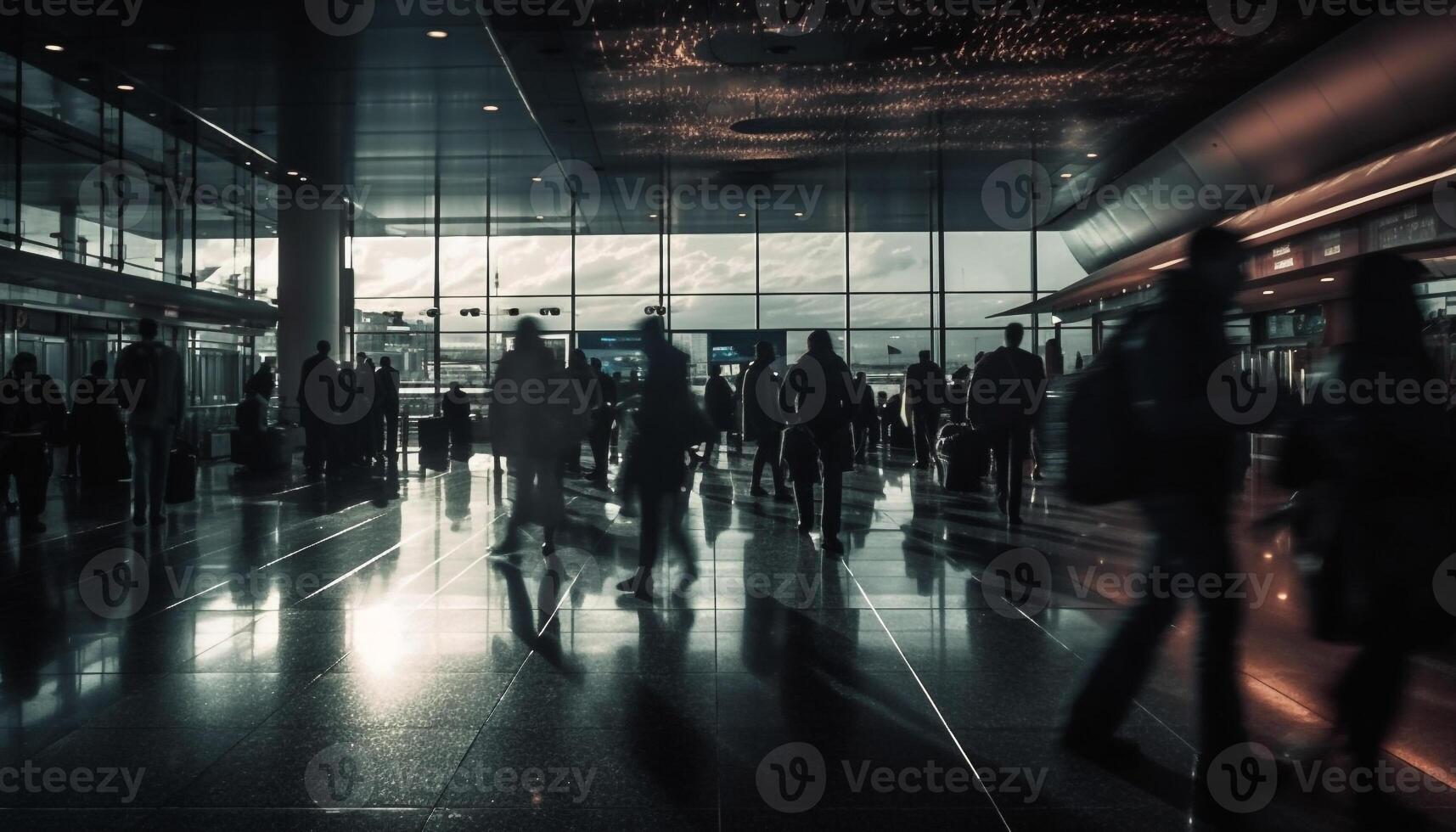 Rushing businessman leaving modern lobby for transportation generated by AI photo