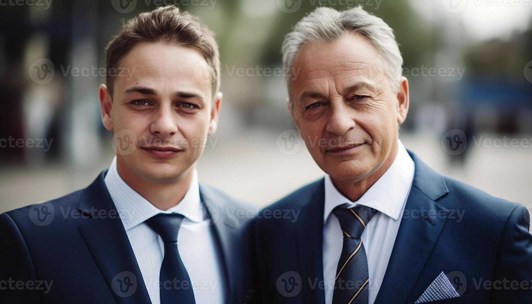 Two successful businessmen in formalwear smiling outdoors generated by AI photo