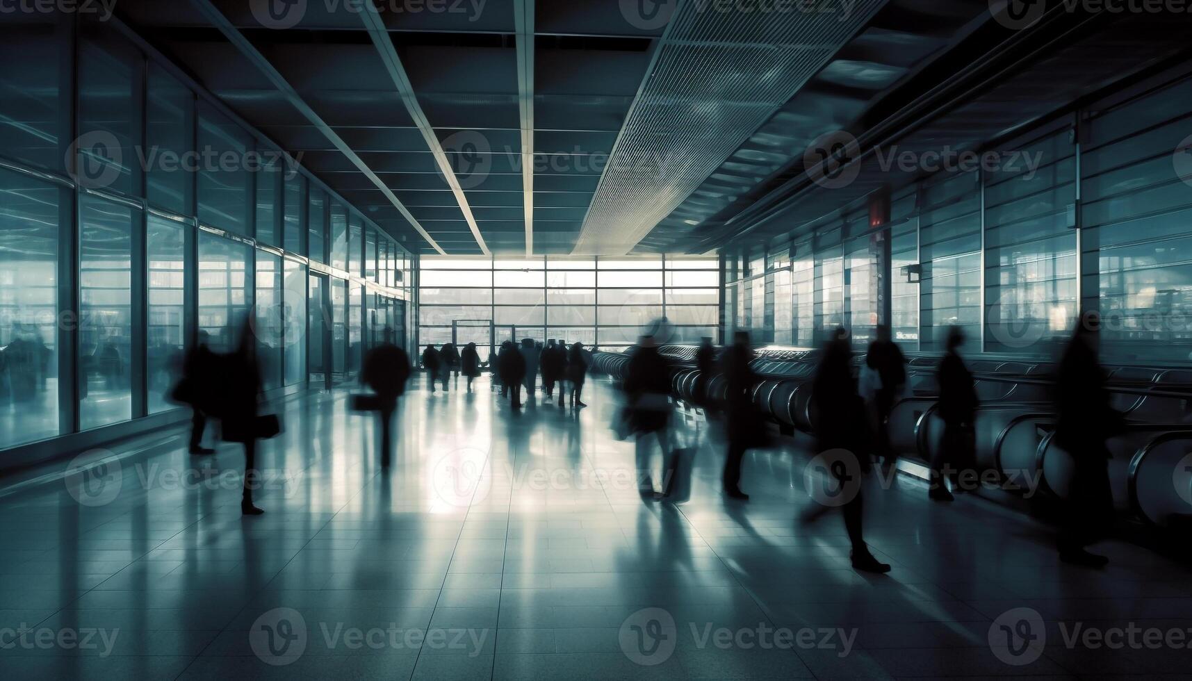 Silhouettes rush through modern subway station entrance hall generated by AI photo