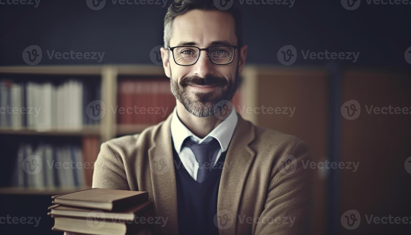 Handsome businessman reading book, exuding confidence indoors generated by AI photo