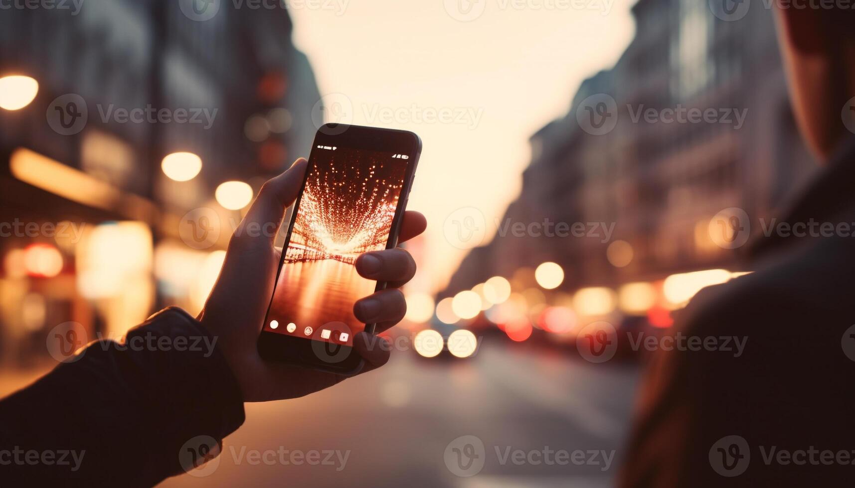 City life illuminated by glowing winter lanterns generated by AI photo